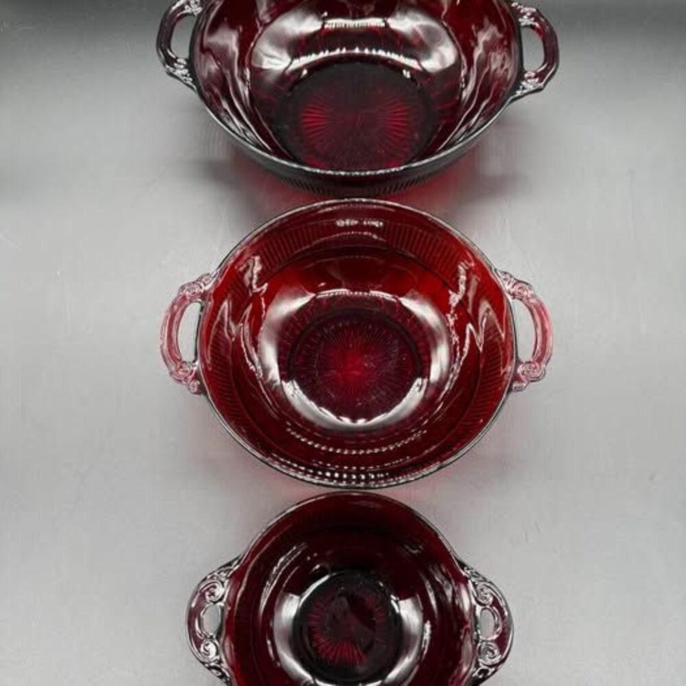 Set of 3 Anchor Hocking Coronation Ruby Red Glass Bowls with Handles